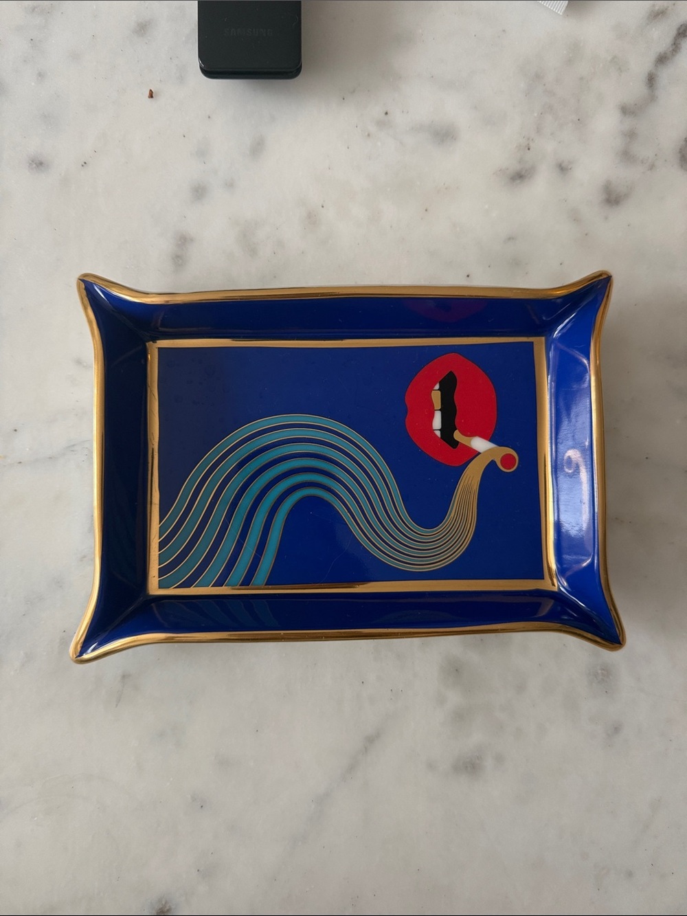 Jonathan Adler Cobalt Blue Ceramic Tray with Red Accent and Gold Trim